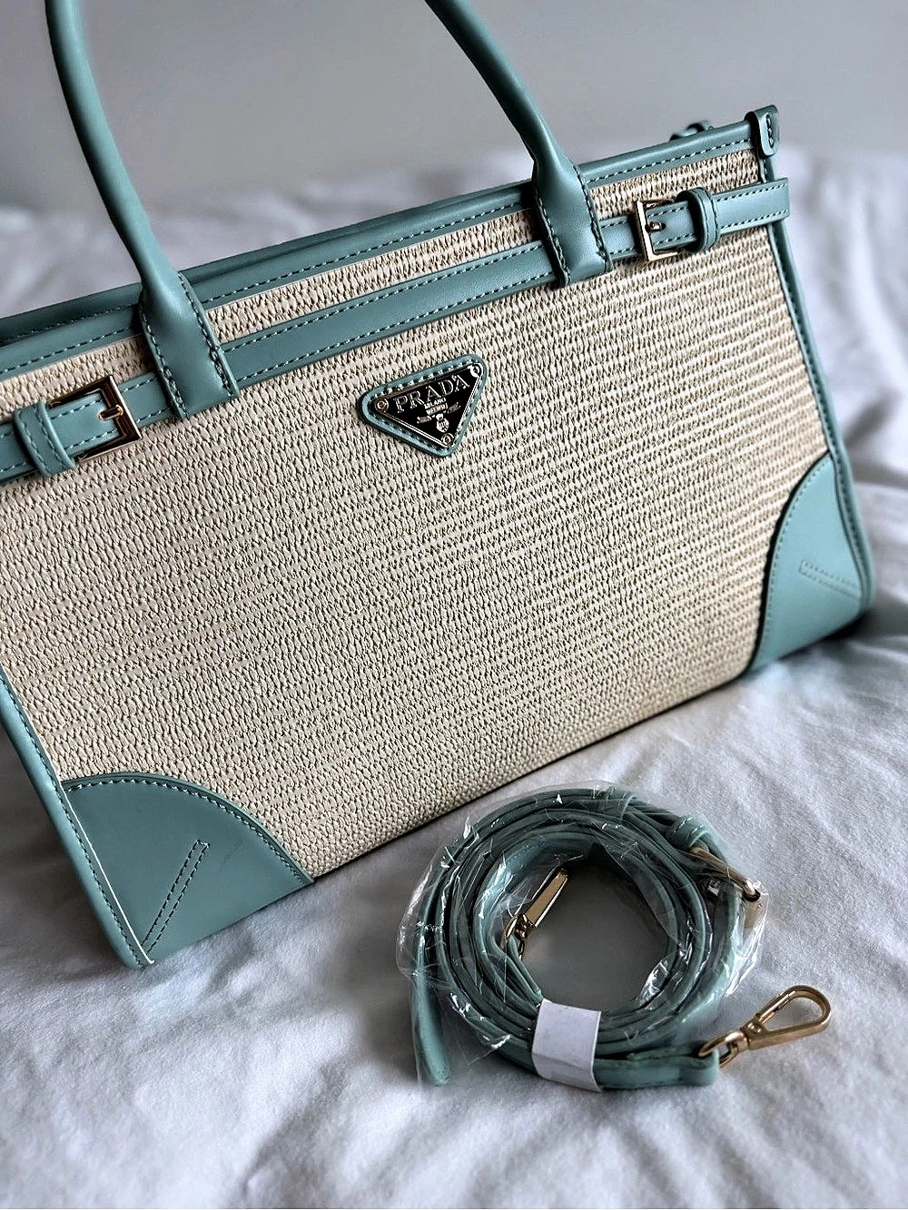 Prada Buckle Canvas and Leather Tote Bag in Green & Beige